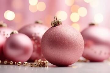 Fototapeta premium Pink Christmas background. Pink Christmas balls on the background of lights bokeh from the garland. 