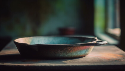 Rustic pottery bowl on wooden table, surrounded by crockery generated by AI