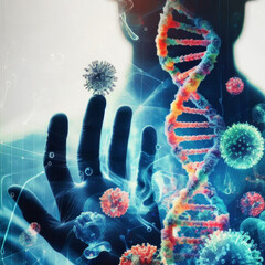 Concept genetic investigation in medical microbiology. Silhouette of the hand of a medical researcher along with a DNA helix. Generative ai