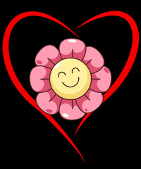 A joyful, smiling flower on a heart background.