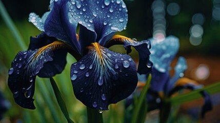 iris flower in the garden with raindrops on the petals . Mother's day concept with a space for a...