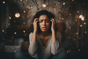 Stressed young hispanic woman suffering from negative thoughts - obrazy, fototapety, plakaty