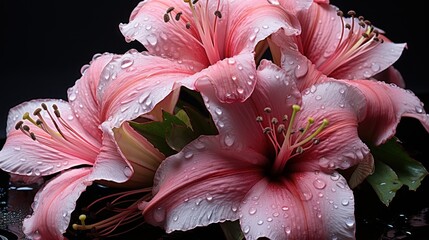 Bouquet of pink lilies with water drops on black background . Mother's day concept with a space for...