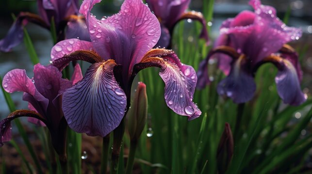 Purple iris flowers with raindrops on the petals . Mother's day concept with a space for a text. Valentine day concept with a copy space.