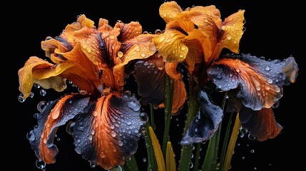 Bouquet of irises with raindrops on a black background . Mother's day concept with a space for a...