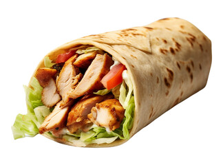 A Shawarma pita roll with chicken isolated on transparent or white background, png