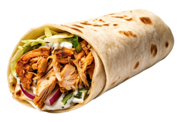 A Shawarma pita roll with chicken isolated on transparent or white background, png