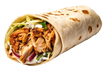 Foto op Canvas A Shawarma pita roll with chicken isolated on transparent or white background, png © Ismail