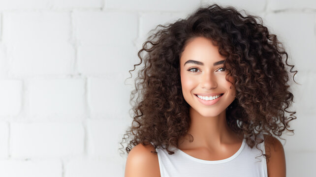 Young beautiful mixed race woman with brown curly hair stands near the wall.

