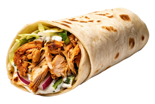 A Shawarma pita roll with chicken isolated on transparent or white background, png