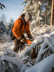 A man saws a pine tree in the forest, winter season with snow  