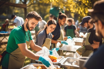 Team of Young Volunteers Helping in a Local Community Food Bank, Preparing Free Meal Rations to Low-Income People in a Park on a Sunny Day, Charity Workers Work in Humanitarian Aid Donation Center - obrazy, fototapety, plakaty