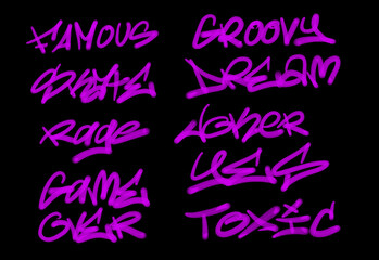 Collection of graffiti street art tags with words and symbols in purple color on black background