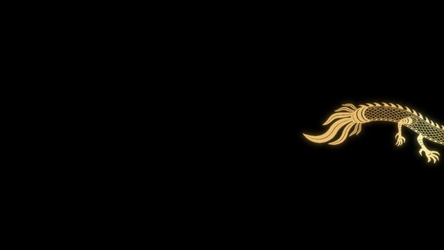 Animation of a traditional Chinese dragon flying along the frame, space for text in Chinese style for New Year greetings, Chinese New Year celebration. Golden serpent dragon on black background
