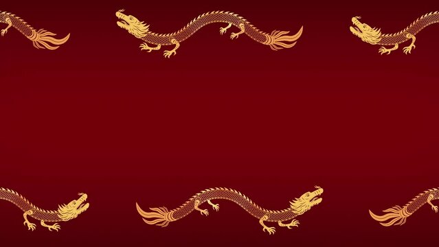 Animation of a traditional Chinese dragon flying along the frame, space for text in Chinese style for New Year greetings, Chinese New Year celebration. Golden serpent dragon on red background