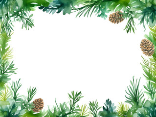 Fototapeta na wymiar Watercolor green pine frame background with white copy space for text
