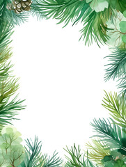 Fototapeta na wymiar Watercolor green pine frame background with white copy space for text