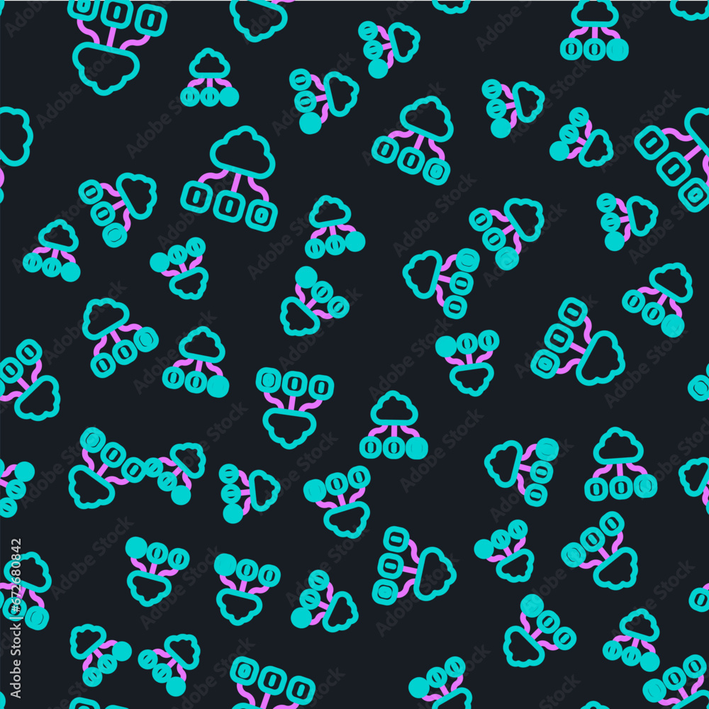 Poster line cloud technology data transfer and storage icon isolated seamless pattern on black background. 