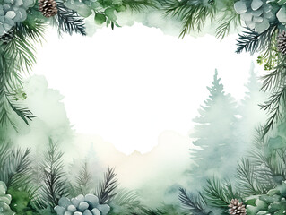 Fototapeta na wymiar Watercolor green pine trees frame background with white copy space inside