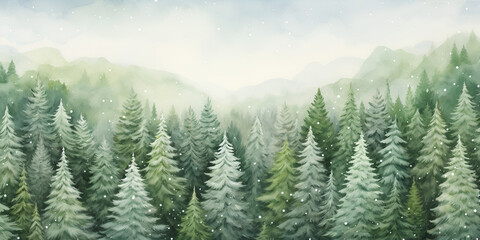 Watercolor smooth green pine tree forest background illustration - obrazy, fototapety, plakaty