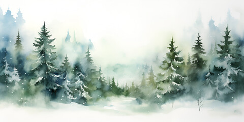 Watercolor smooth green pine tree forest background illustration