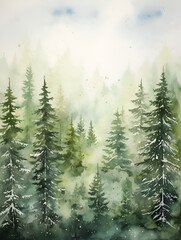 Watercolor smooth green pine tree forest background illustration - obrazy, fototapety, plakaty