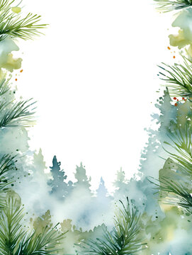 Watercolor green pine trees frame background with white copy space inside