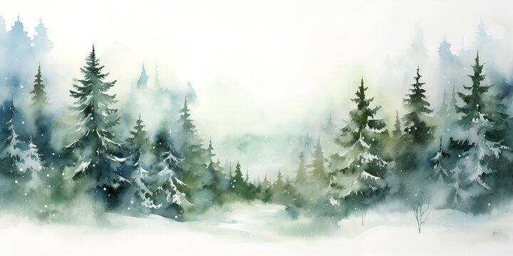 Watercolor smooth green pine tree forest background illustration