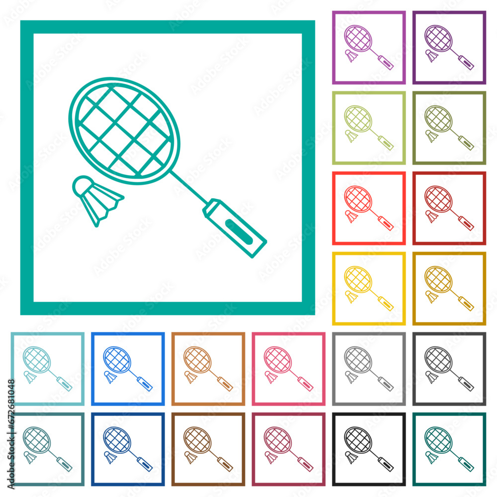 Poster badminton racket and shuttlecock outline flat color icons with quadrant frames