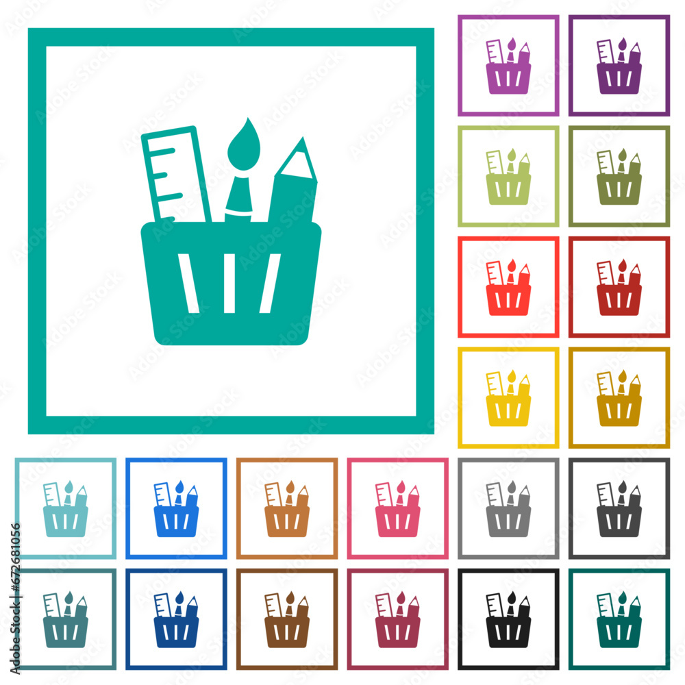 Poster drawing tools solid flat color icons with quadrant frames
