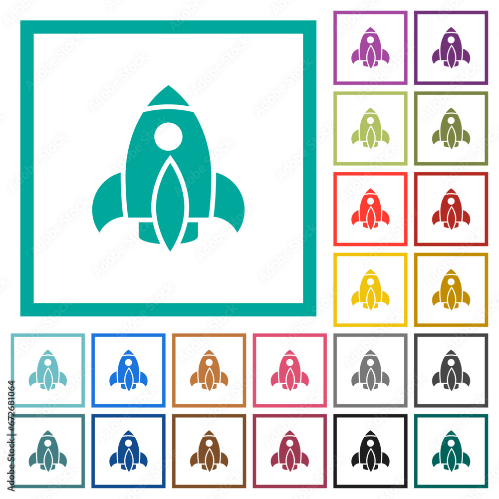 Poster rocket flat color icons with quadrant frames