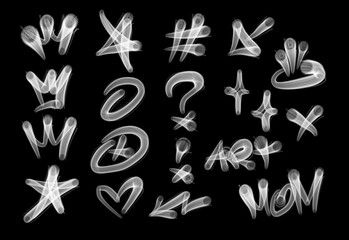 Collection of graffiti street art tags with words and symbols in white color on black background
