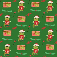 Christmas seamless pattern with toys, gifts and sweets. Trendy retro style. 