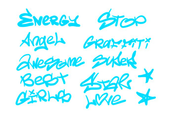 Collection of graffiti street art tags with words and symbols in light blue color on white background