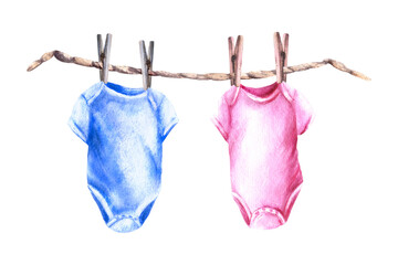 Baby pink and blue bodysuit with clothesline and clothes pegs. He or she, boy or girl Watercolor hand draw illustration isolated white background Set for birthday, newborn, gender reveal party, print 