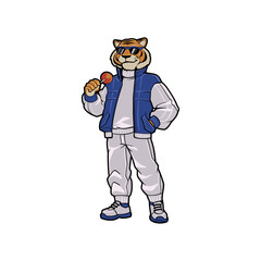 anthropomorphic Tiger wearing a sporty casual outfit and varsity jacket