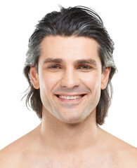 Obraz premium Skincare. happy and portrait of mature man in studio for cosmetics, spa treatment and grooming. Dermatology, beauty and face of isolated person for wellness, health and self care on white background