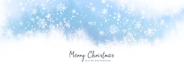 Artistic abstract winter holidays background. Christmas blue vector landscape with watercolor snow texture and snowflakes. Illustration for poster, wallpaper, banner, greeting card, advertising