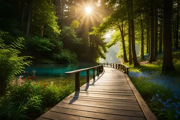 Tuinposter wooden bridge in the forest © Sofia Saif