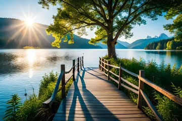 wooden bridge over lake - Powered by Adobe