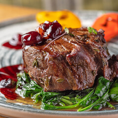 Grilled beef tenderloin steak. Restaurant menu, dieting.