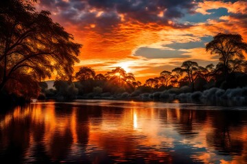 Fototapeta na wymiar In the quiet moments of this river sunset, nature seems to pause, allowing everyone who witnesses this spectacle to be captivated by its beauty. It is a reminder of the fleeting nature of time, encour