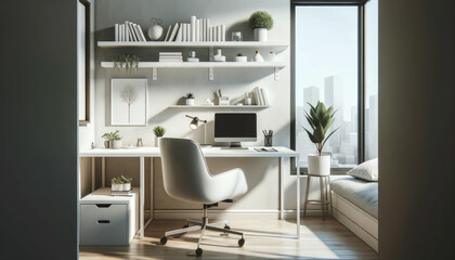 Sleek Home Office with Minimalist Design and Urban View