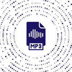 Blue MP3 file document. Download mp3 button icon isolated on white background. Mp3 music format sign. MP3 file symbol. Abstract circle random dots. Vector