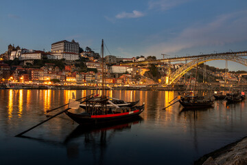 View of the Douro river and the city of Porto at sunset in autumn in Portugal