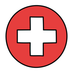 A hand-drawn doodle icon of first aid cross on a white background.