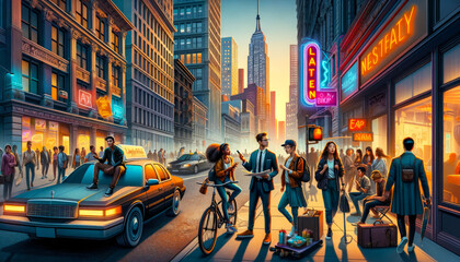 City Life at Dusk: Urban Commuters and Neon Lights