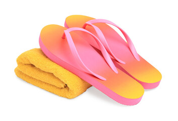 Yellow terry towel and flip flops isolated on white. Beach objects