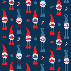 Christmas blue pattern with gnomes. Seamless pattern with gnomes