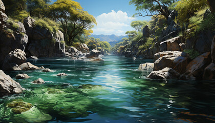 Tranquil scene  flowing water, green trees, rocky cliffs, serene reflection generated by AI